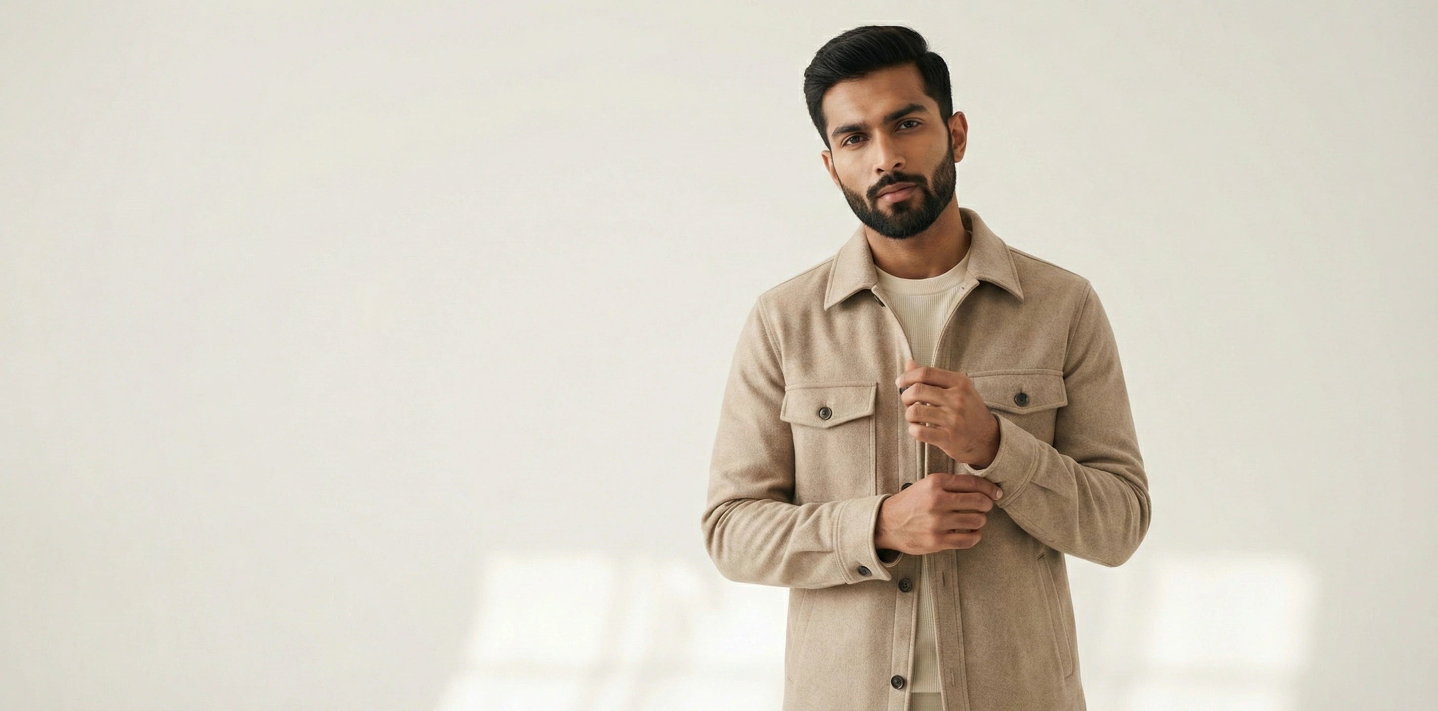 Men wearing a grey tailored blazer over a cream sweater, styled in a minimalist studio setting by SwanClad.