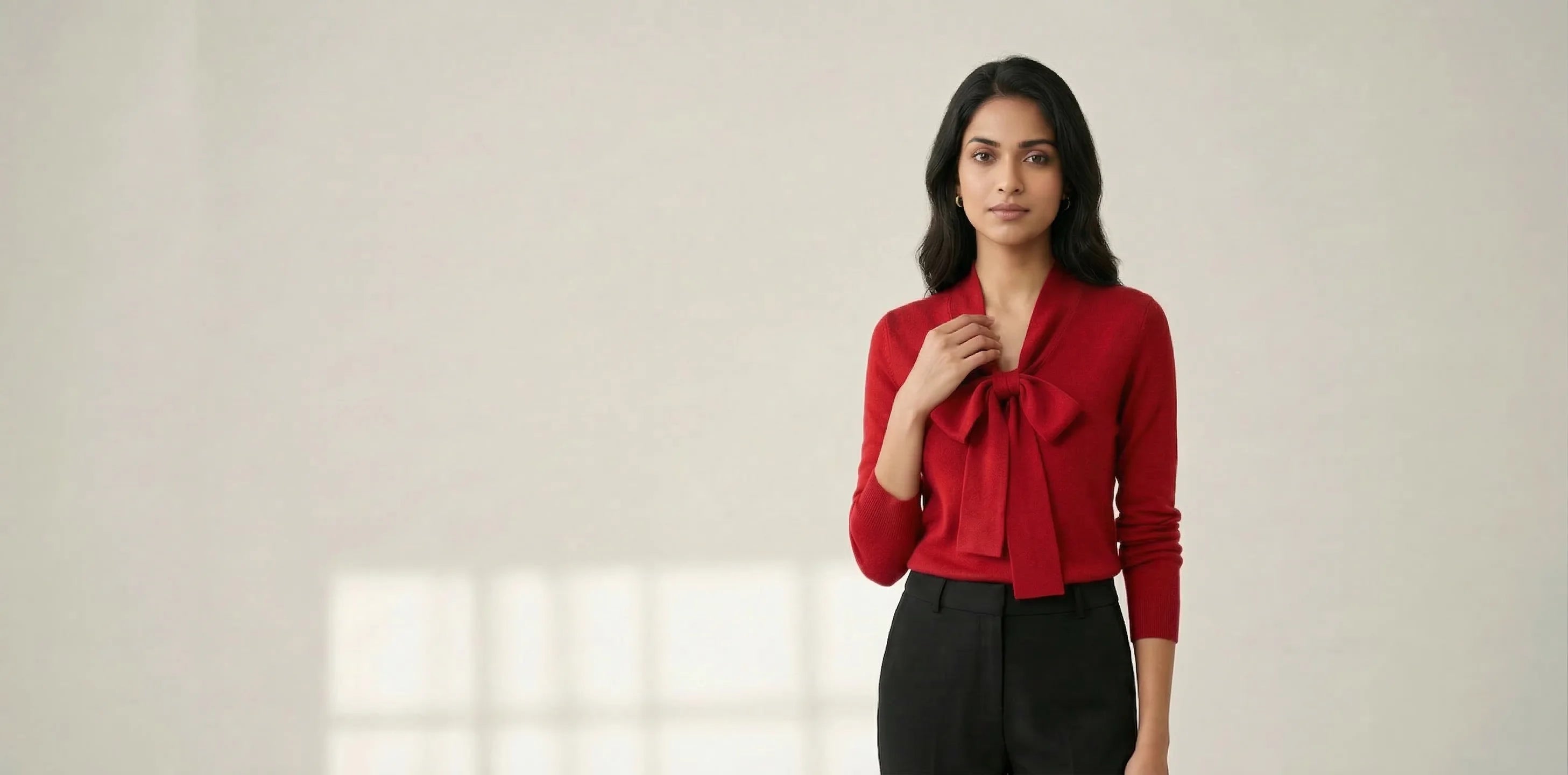 SwanClad premium women's fashion red bow blouse with black trousers elegant minimal studio banner