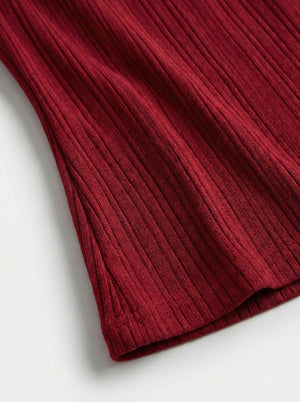 Close-up of ribbed fabric of SwanClad Red Solid Sleeveless Midi Bodycon Dress showing stretch texture and premium material
