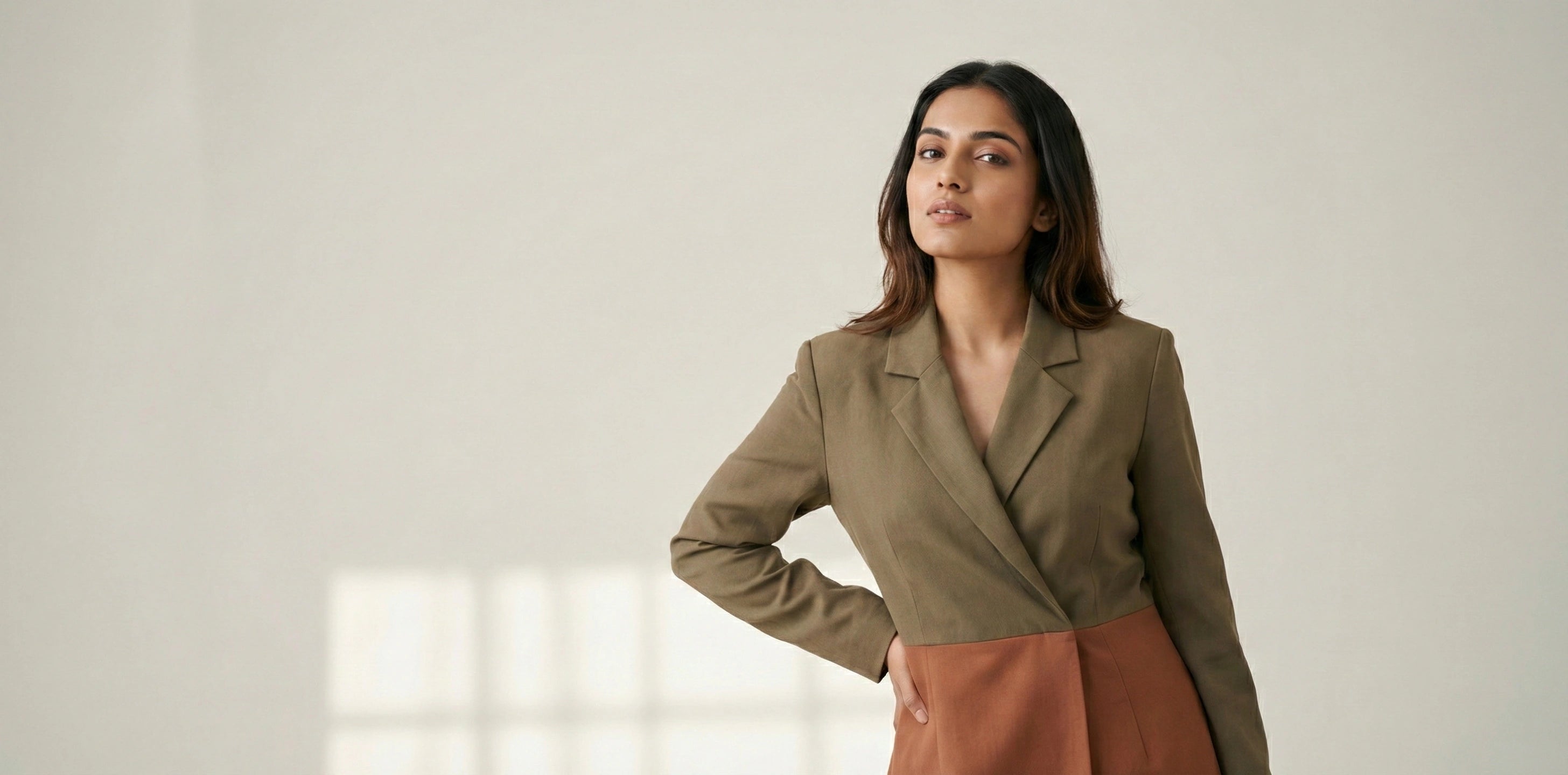 Female model wearing SwanClad women’s two-tone tailored blazer layered over a white shirt, showcasing structured fit and premium fabric.