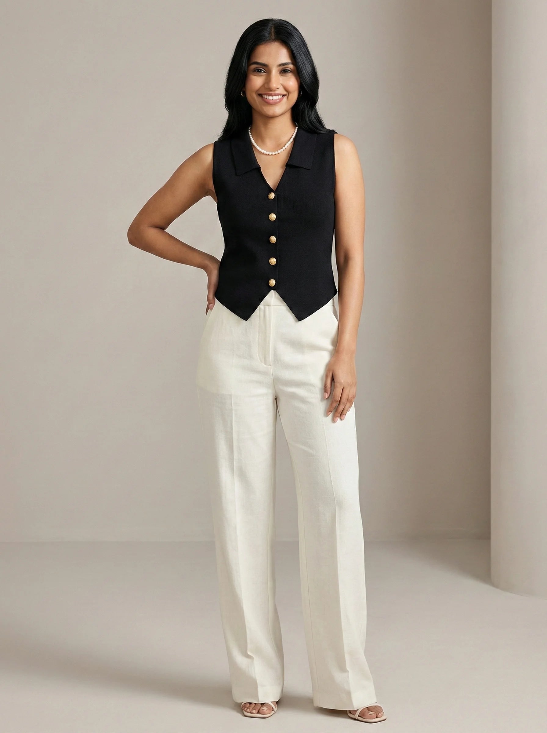 Front full view of SwanClad black tailored V-neck button vest top with gold buttons and sharp tailored silhouette.