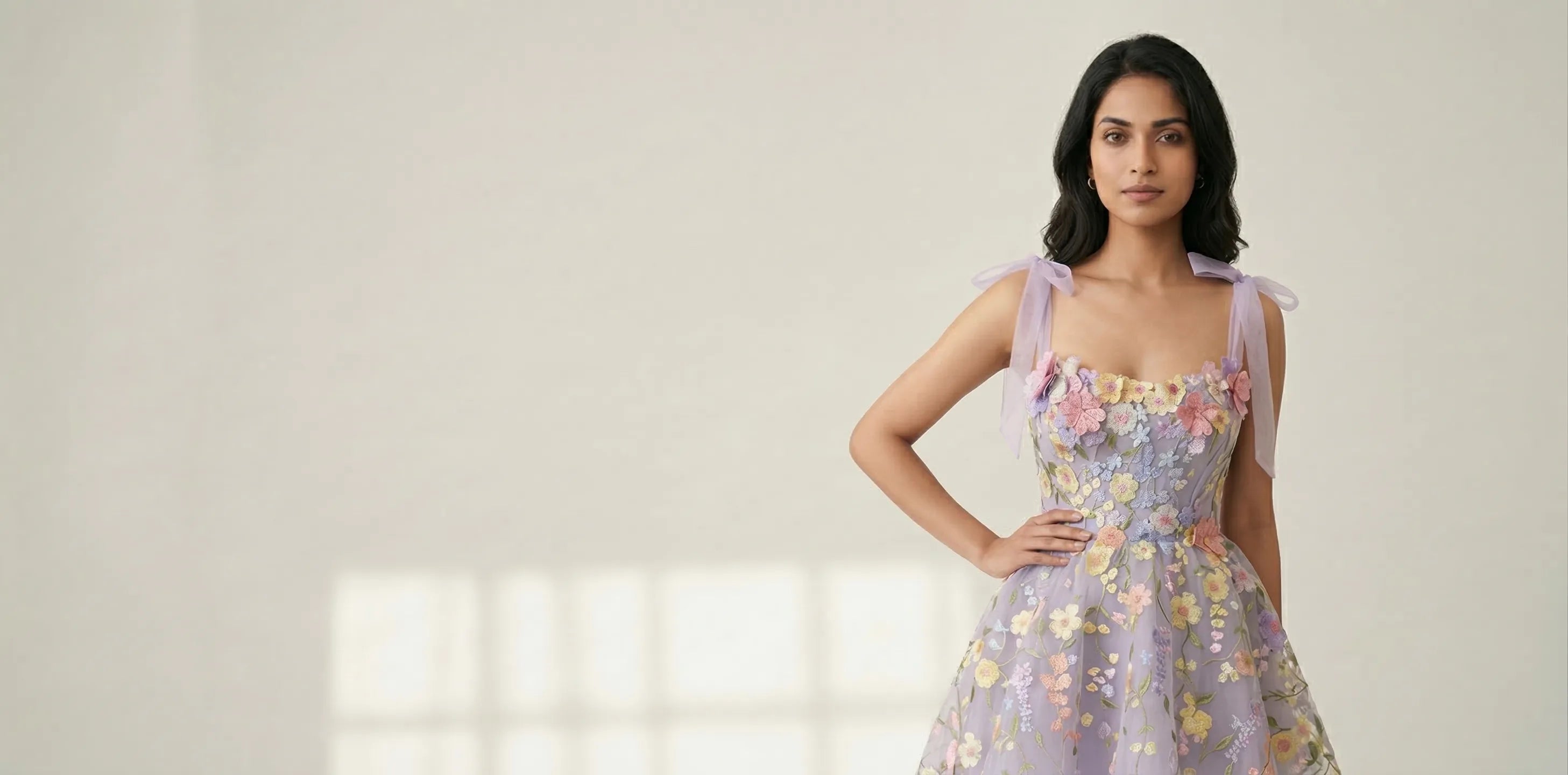 Elegant woman wearing a lavender floral embroidered midi dress with sheer shoulder ties, showcasing SwanClad premium western wear collection against a soft neutral background.
