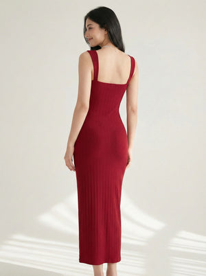 Back view of SwanClad Red Solid Sleeveless Midi Bodycon Dress showing sleeveless straps and streamlined bodycon silhouette