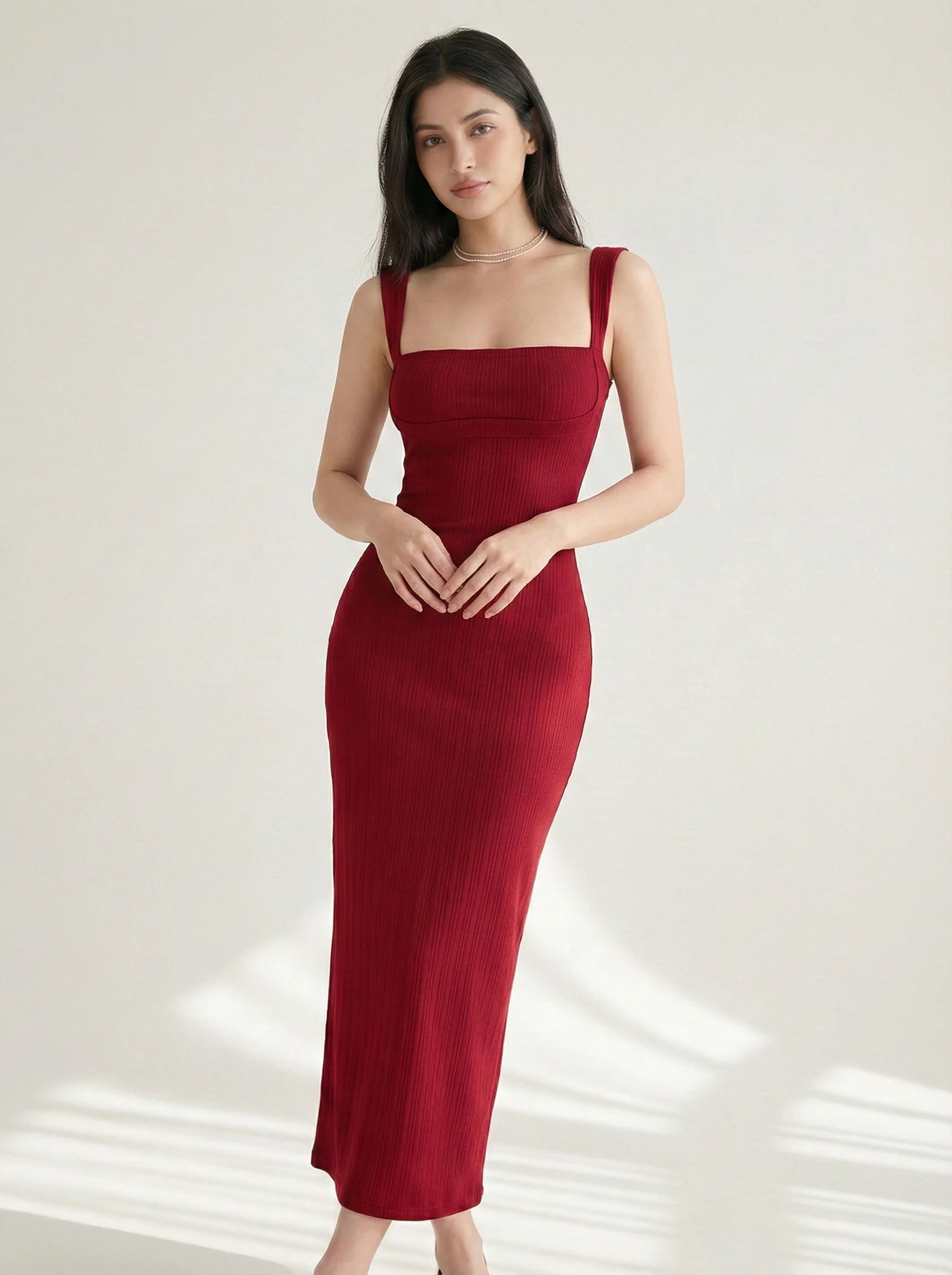 Front view of SwanClad Red Solid Sleeveless Midi Bodycon Dress with square neckline and sleek bodycon fit