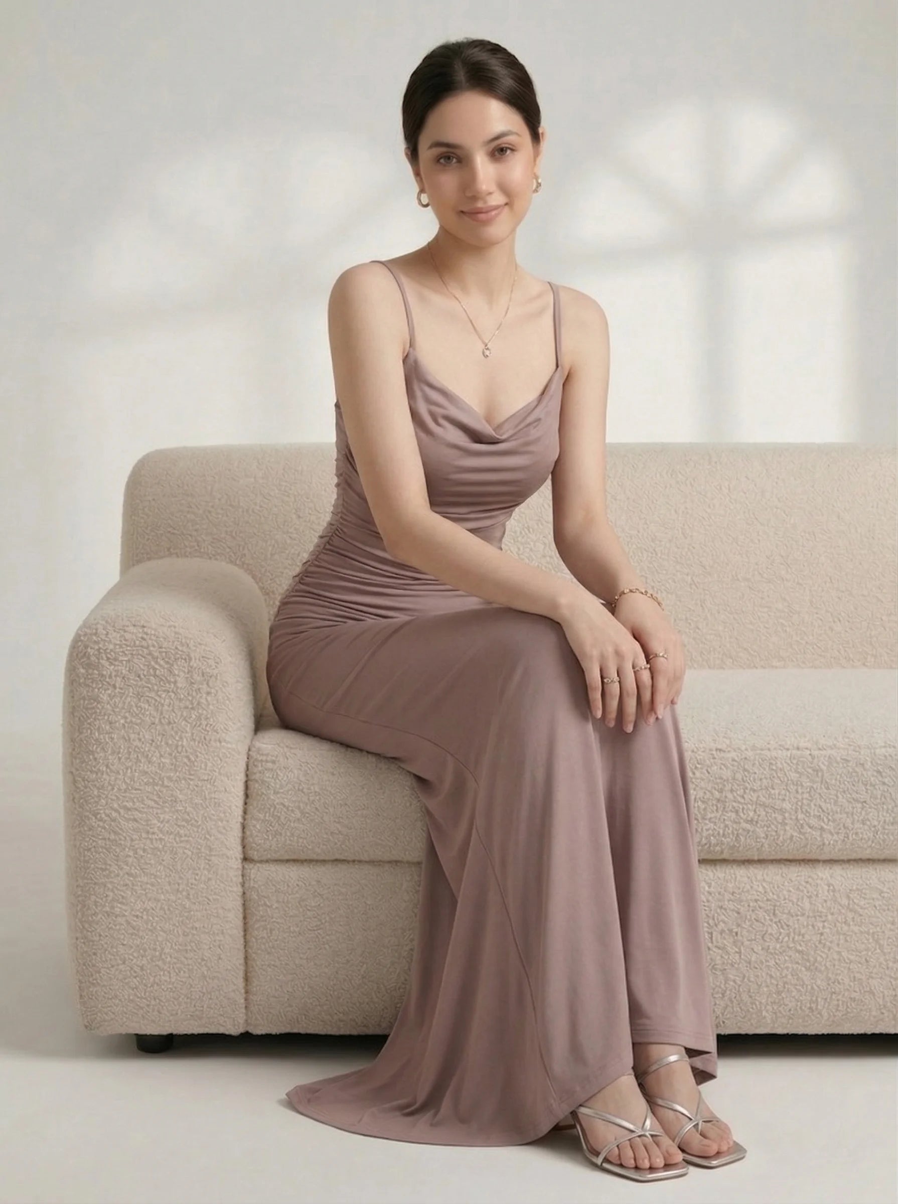 SwanClad taupe maxi dress styled in seated pose on sofa, showcasing soft fabric drape and minimal elegance